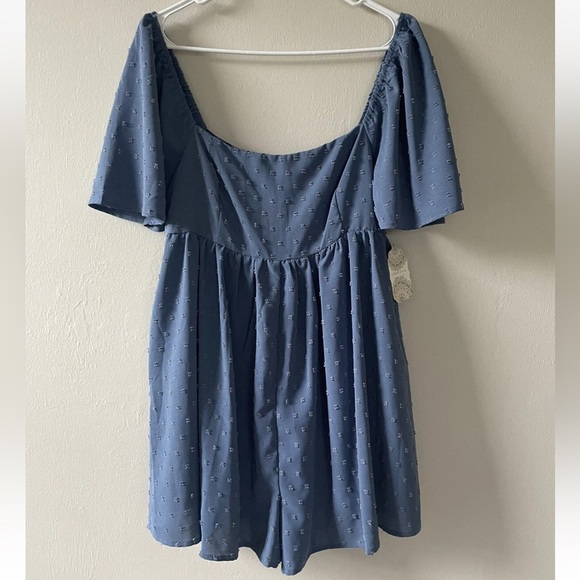 Altar'd State Dresses & Skirts - New Altar’d State Romper Dress Size Large Blue Lined Dots Flutter Sleeves